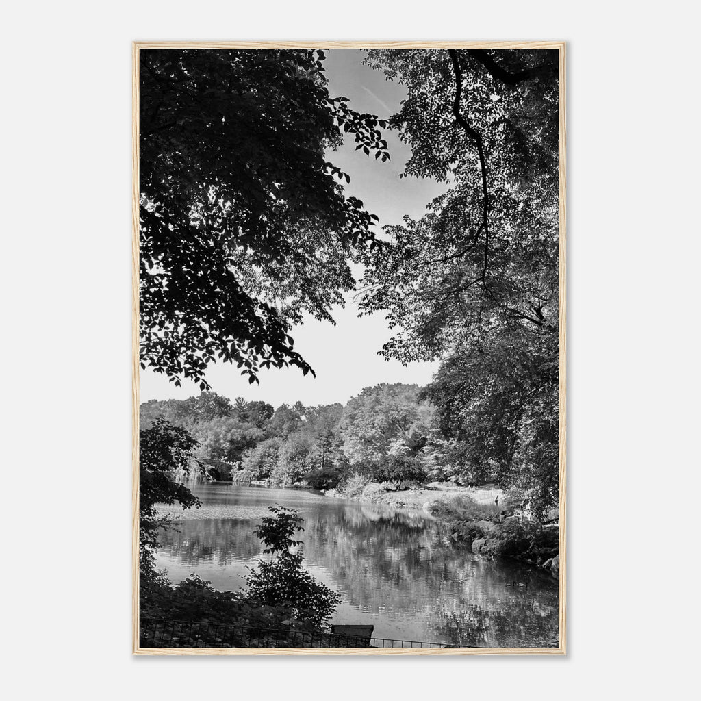Black and white framed print of Upstate NY summer lake scene from the Travel Collection, Studio Edition, 15x20 cm print.