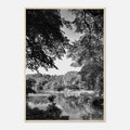 Black and white framed print of Upstate NY summer lake scene from the Travel Collection, Studio Edition, 15x20 cm print.