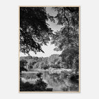 Black and white framed print of Upstate NY summer lake scene from the Travel Collection, Studio Edition, 15x20 cm print.