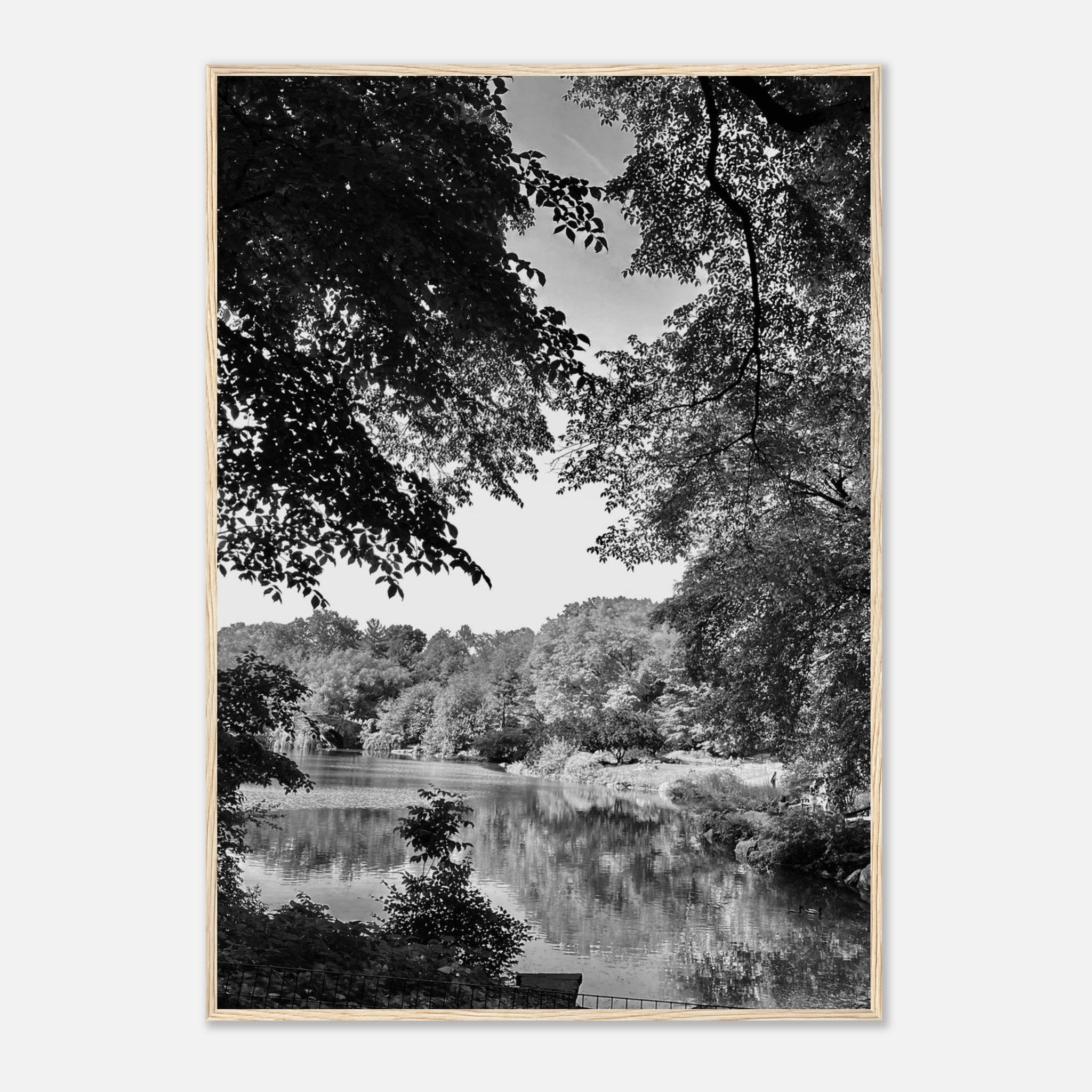 Black and white framed print of Upstate NY summer lake scene from My Store's travel collection, studio edition, holiday series.