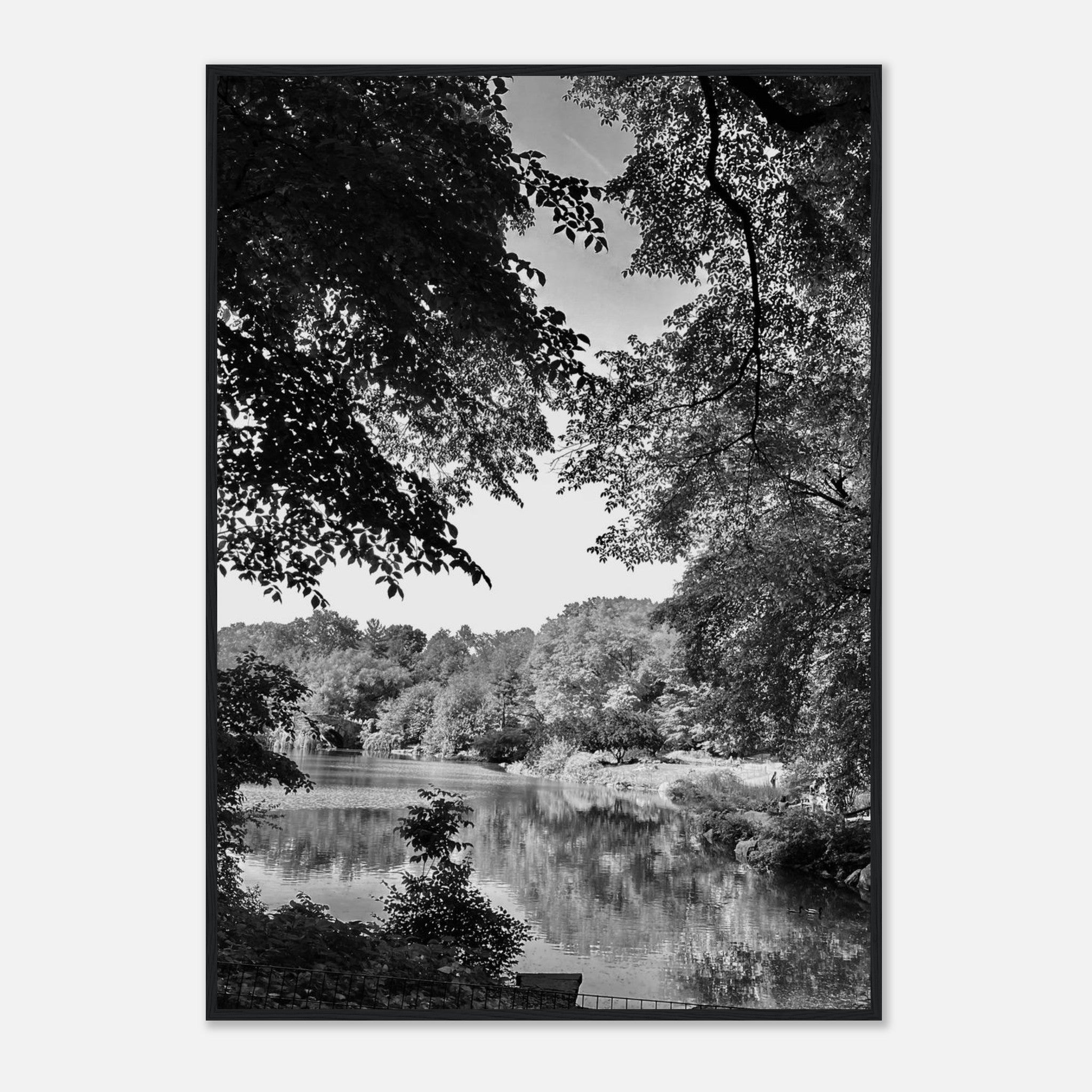 Black and white framed print of Upstate NY summer lake scene from the Studio Edition Travel Collection, perfect for home decor.