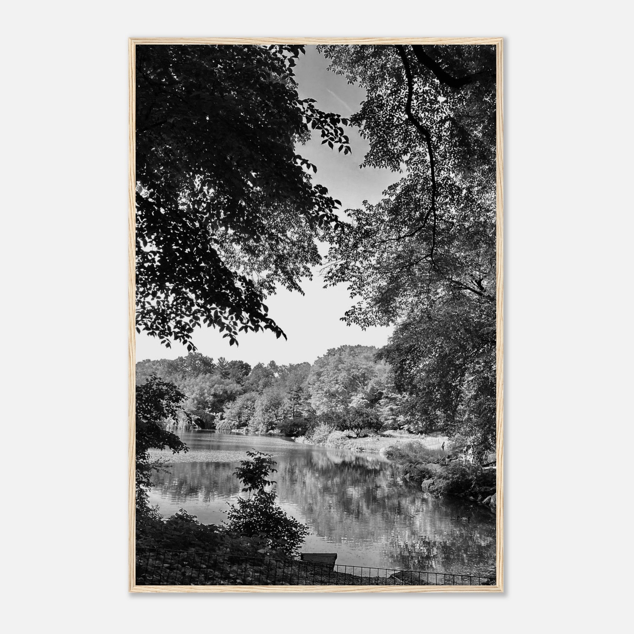 Black and white framed print of a summer lake scene in Upstate NY from the Studio Edition Travel Collection.