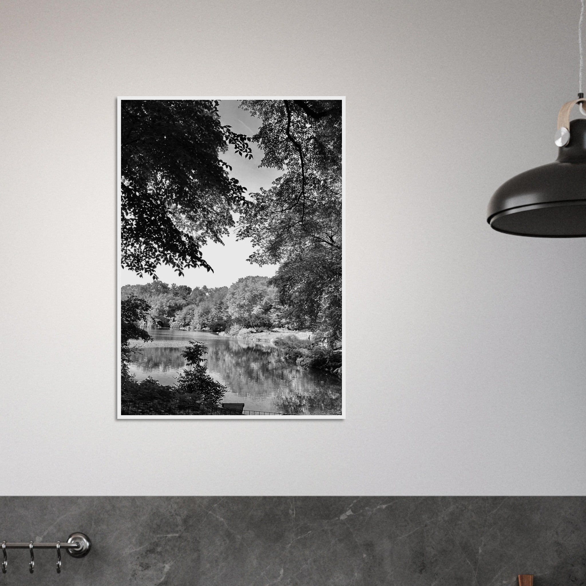 Black and white framed print of Upstate NY summer lake scene from the Travel Collection Studio Edition, perfect for home decor.