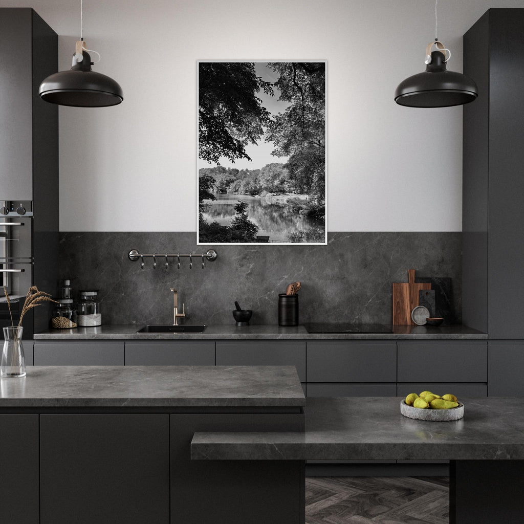 Black and white framed print of a summer lake scene in Upstate NY, part of the My Store Travel Collection Studio Edition.