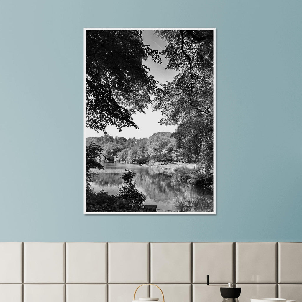 Black and white framed print of an Upstate NY summer lake scene from the Travel Collection by My Store.