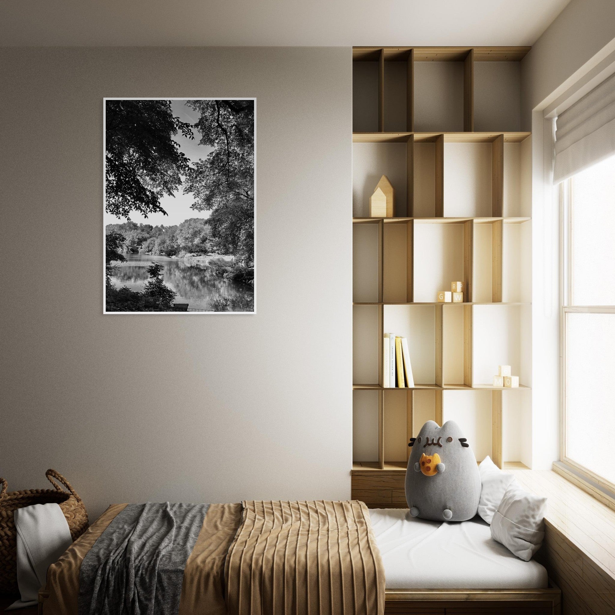 Black and white framed print of a summer lake scene in Upstate NY from the Travel Collection Studio Edition.