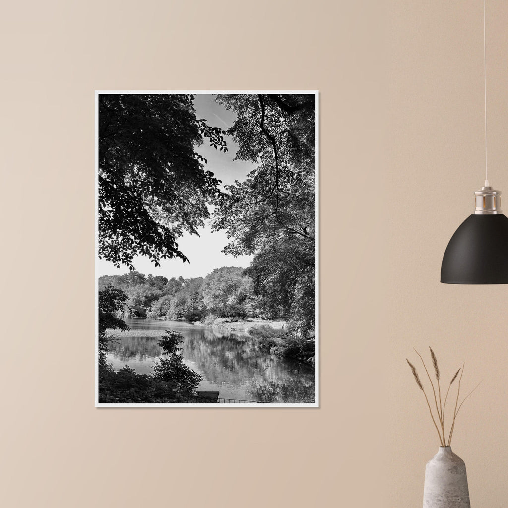 Black and white framed print of Upstate NY summer lake scene from My Store's travel collection, Studio Edition, perfect for home decor.