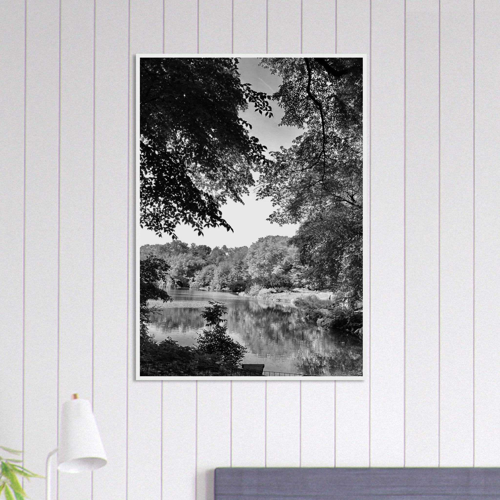 Black and white framed poster of Upstate NY summer lake scene from the Travel Collection studio edition.