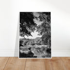 Black and white framed print of an Upstate NY summer lake scene from the Studio Edition travel collection.
