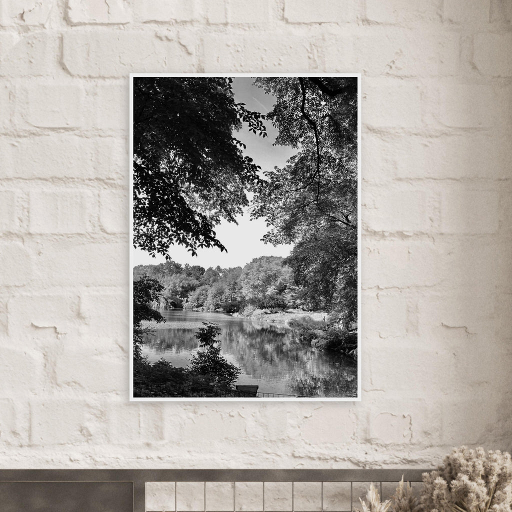 Black and white framed print of Upstate NY summer lake scene from the Travel Collection by My Store, studio edition.