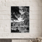 Black and white framed print of Upstate NY summer lake scene from the Travel Collection by My Store, studio edition.