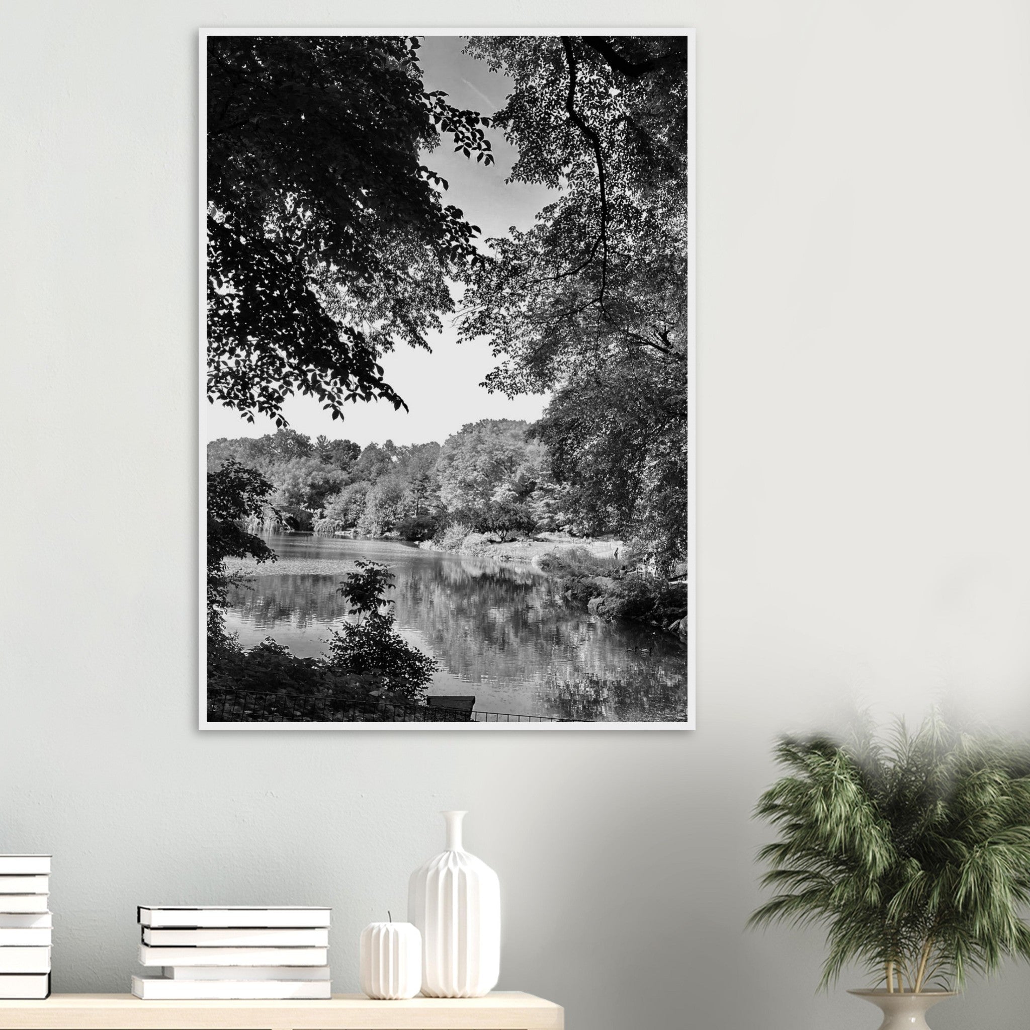 Black and white framed print of a summer lake in Upstate NY from the Travel Collection Studio Edition, ideal for home decor.