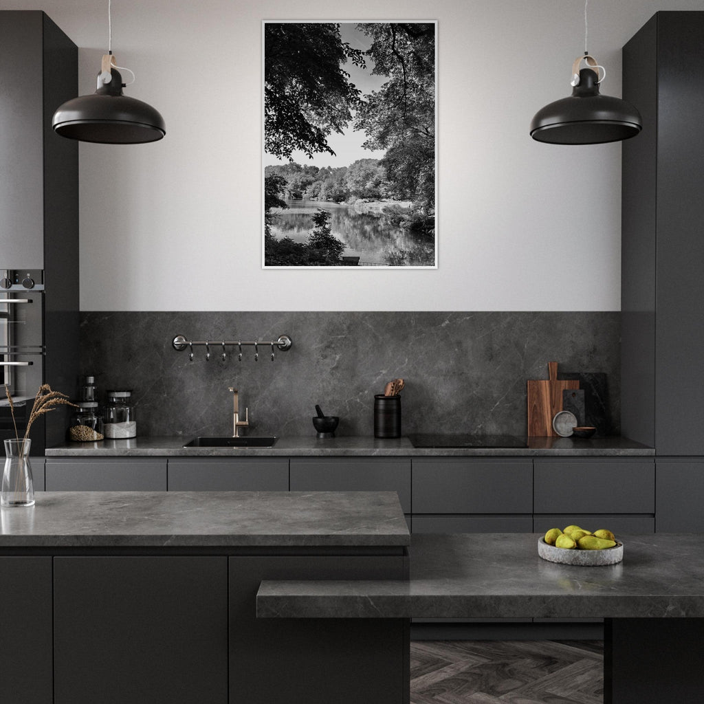 Framed black and white print of a summer lake in Upstate NY from the My Store travel collection, studio edition holiday series.