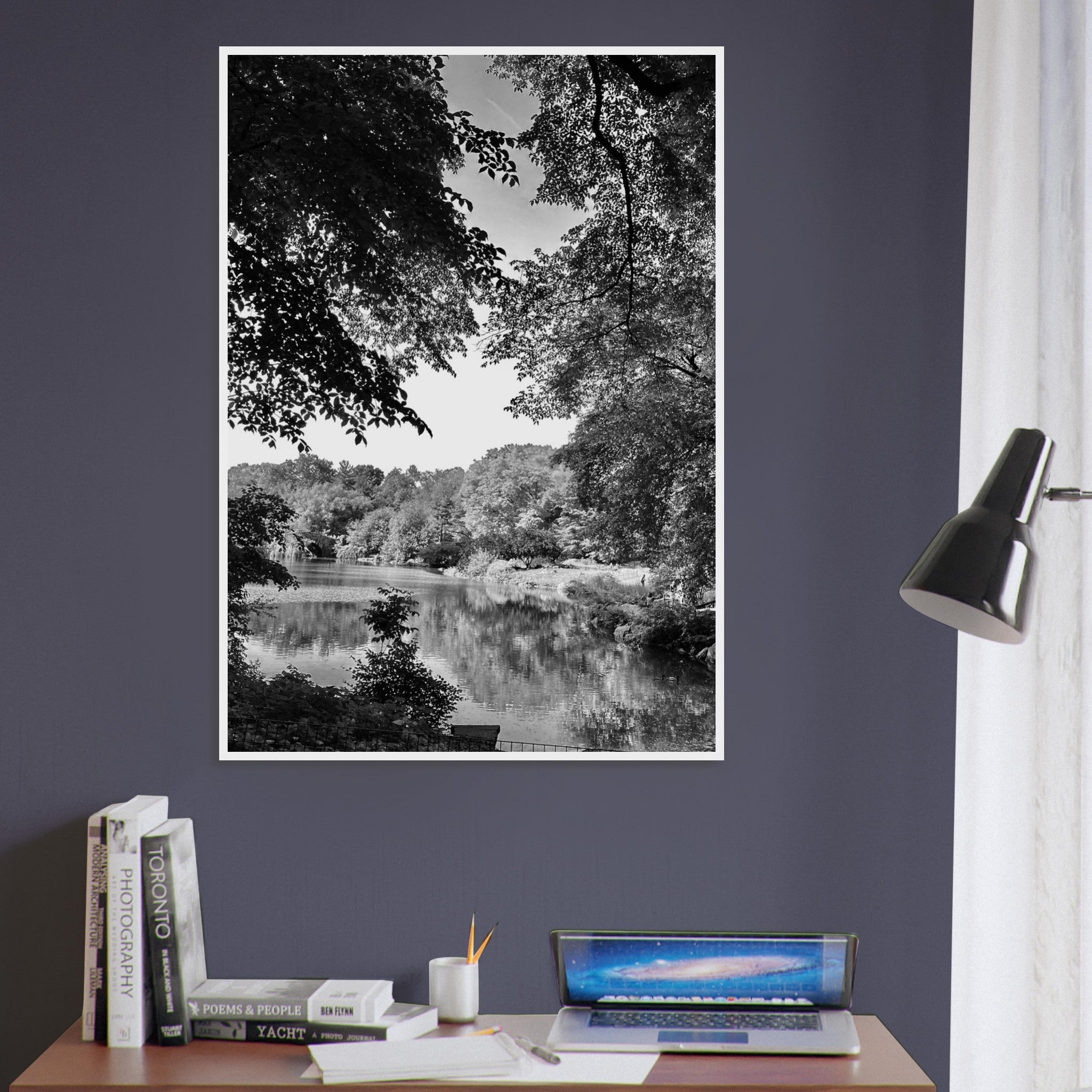 Black and white framed print of Upstate NY summer lake scene from the Travel Collection, Studio Edition, perfect for home decor.