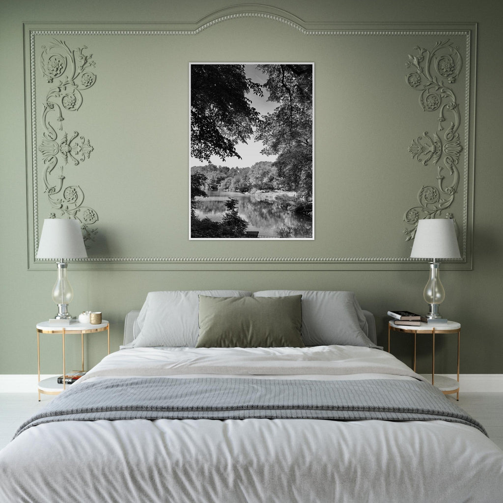 Black and white framed poster of a summer lake scene in Upstate NY from the My Store travel collection, studio edition.