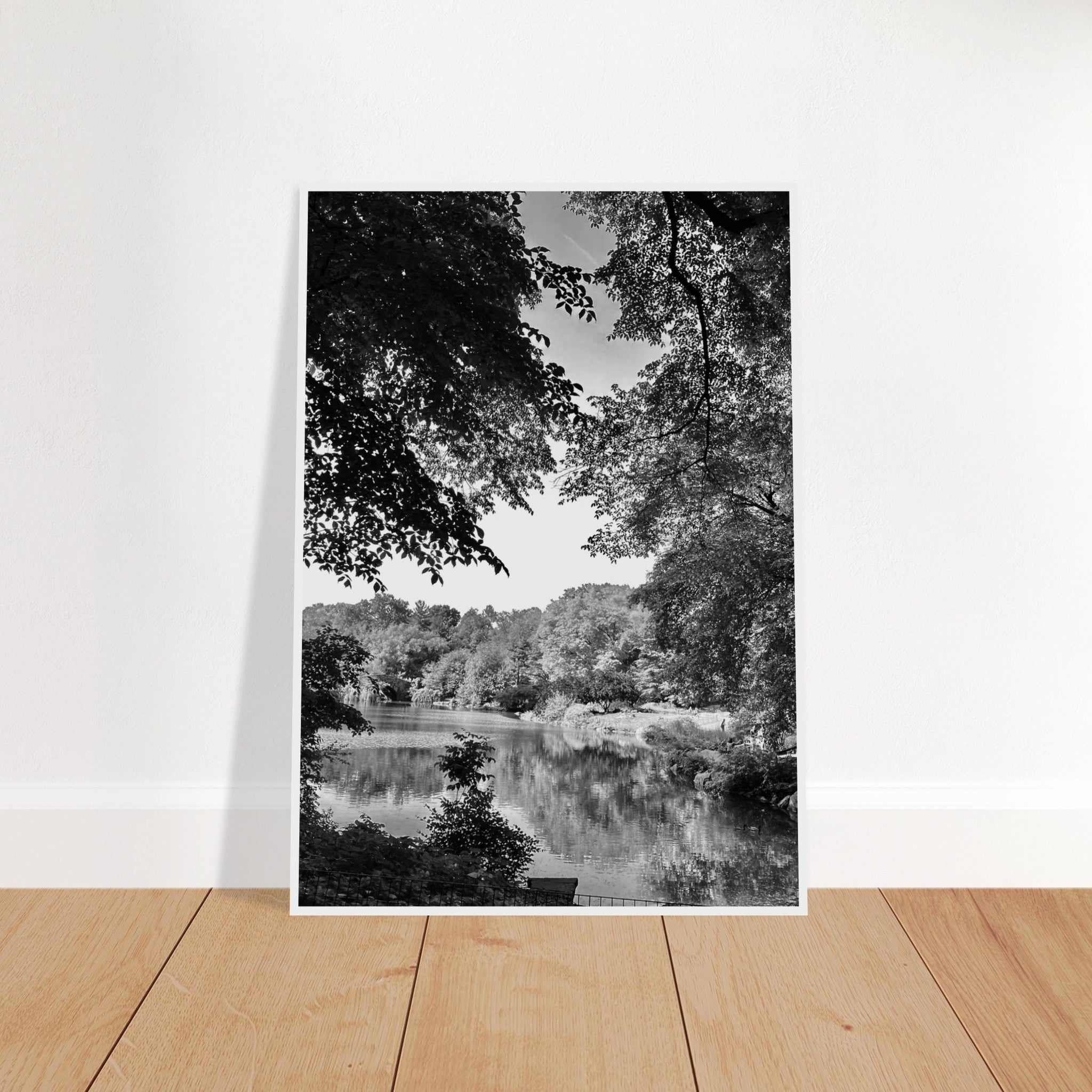 Black and white framed print of a summer lake in Upstate NY from the My Store travel collection, Studio Edition Black & White Series.