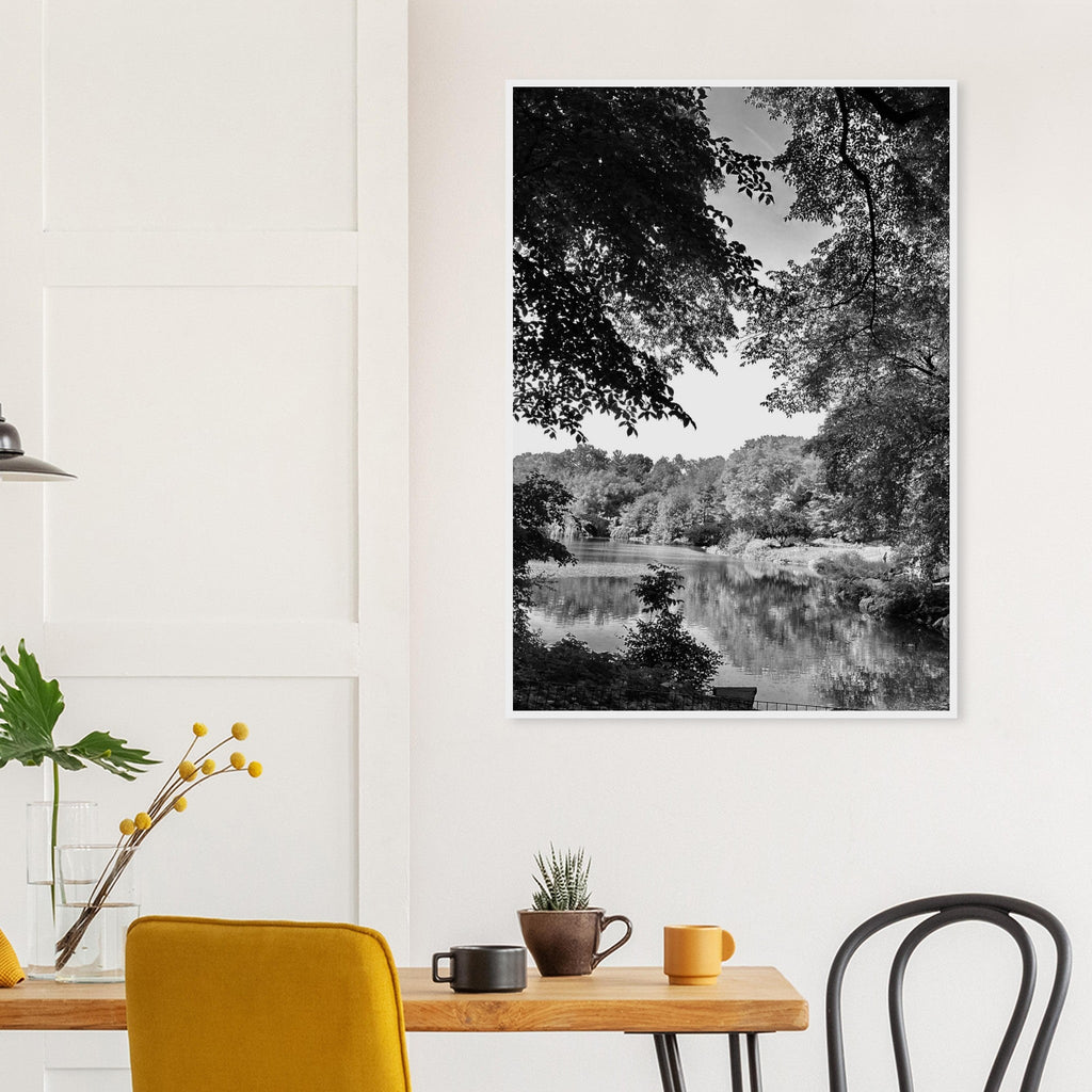 Black and white framed poster of Upstate NY summer lake scene from the Travel Collection Studio Edition, perfect for home decor.