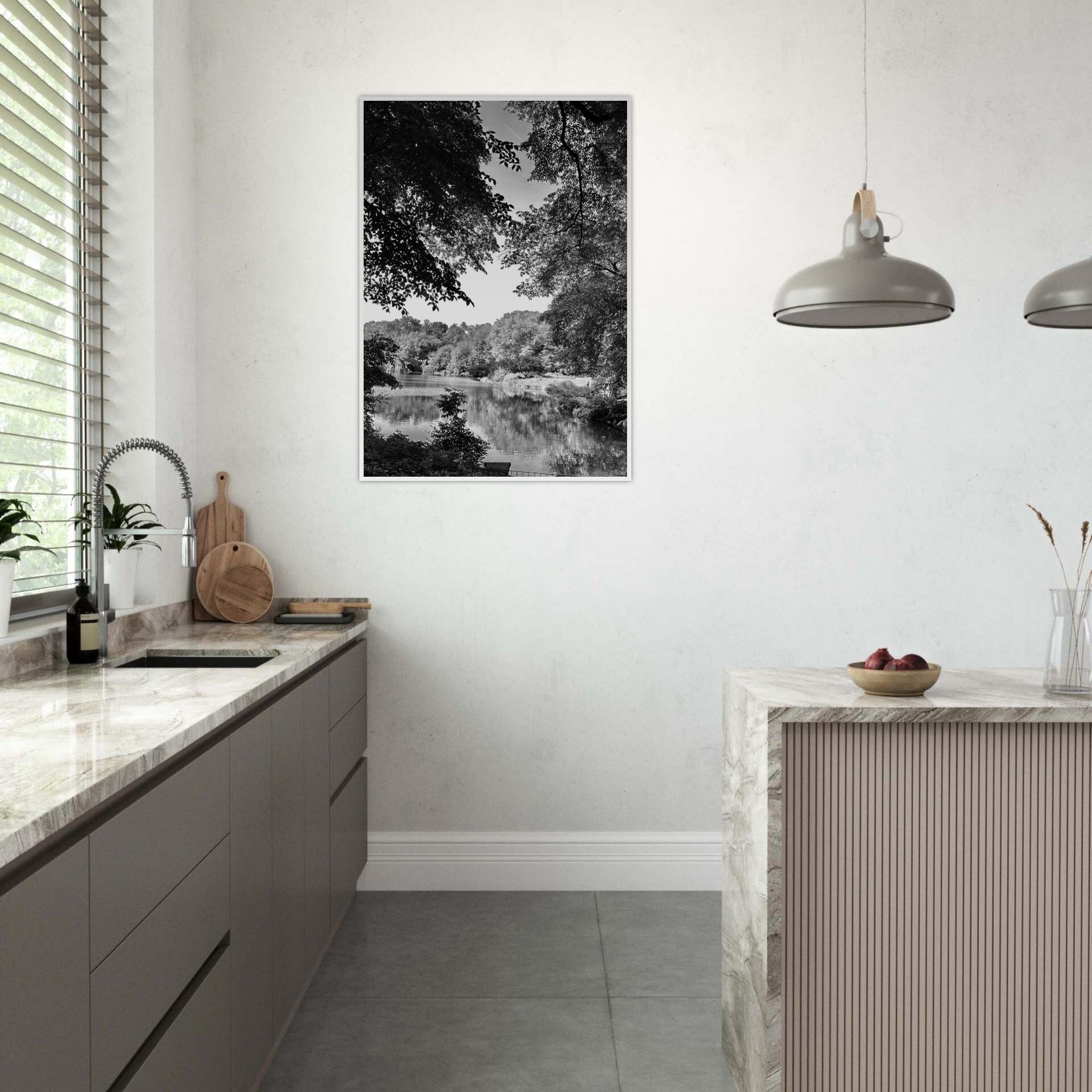 Black and white framed print of a summer lake in Upstate NY from the My Store Travel Collection, Studio Edition, Holiday 25 series.