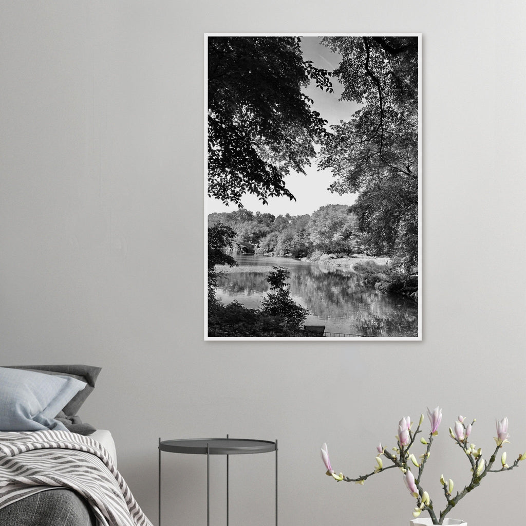 Black and white framed poster of a summer lake in Upstate NY from the My Store travel collection, studio edition, holiday series.
