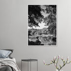 Black and white framed poster of a summer lake in Upstate NY from the My Store travel collection, studio edition, holiday series.