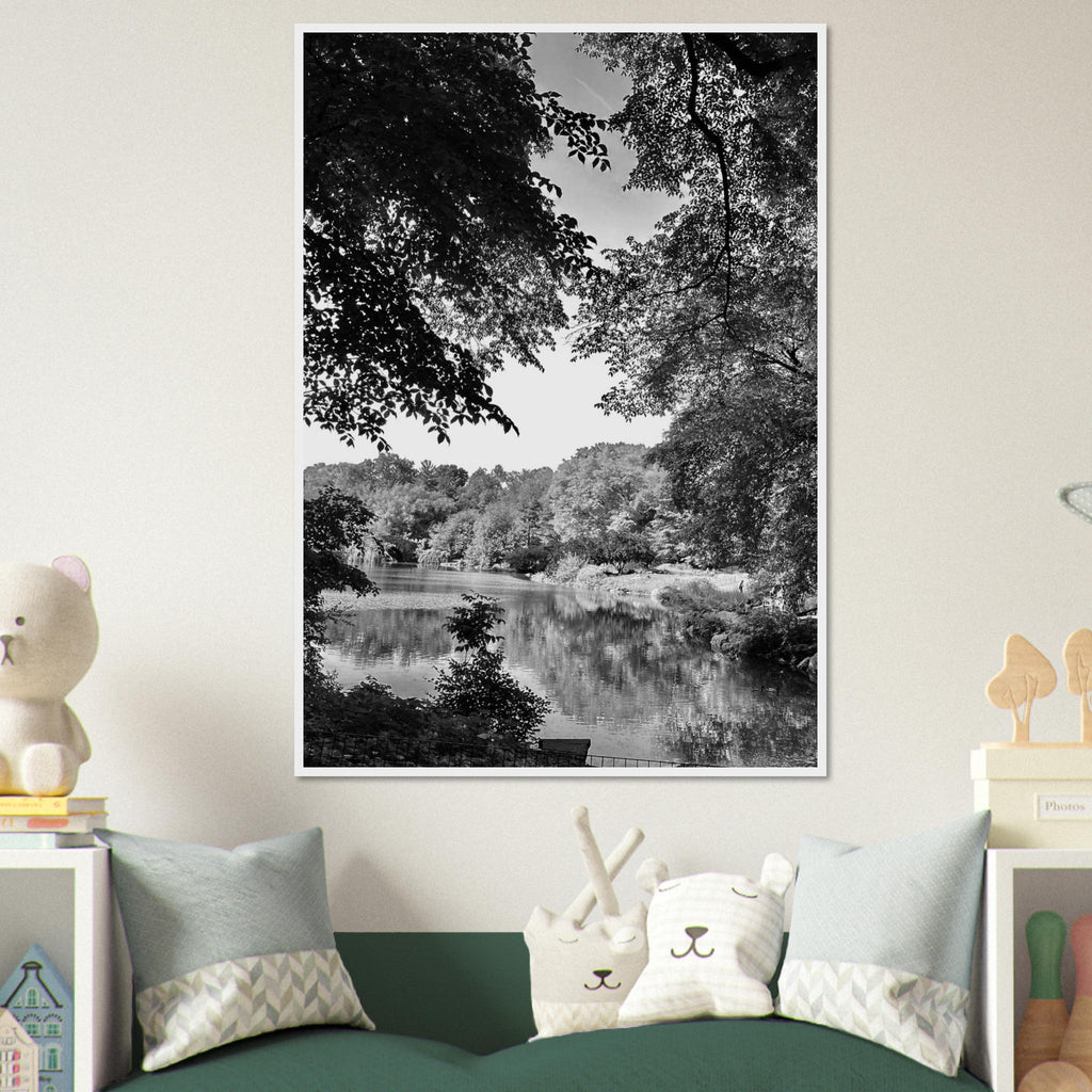 Black and white framed print of a summer lake in Upstate NY from the My Store travel collection, studio edition, holiday series.