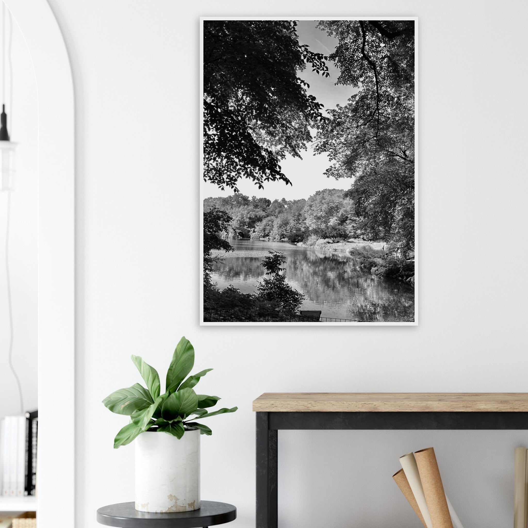 Black and white framed print of a summer lake in upstate NY from the My Store Travel Collection Studio Edition.