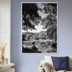 Black and white framed print of Upstate NY summer lake scene from the Travel Collection Studio Edition, perfect for home decor.