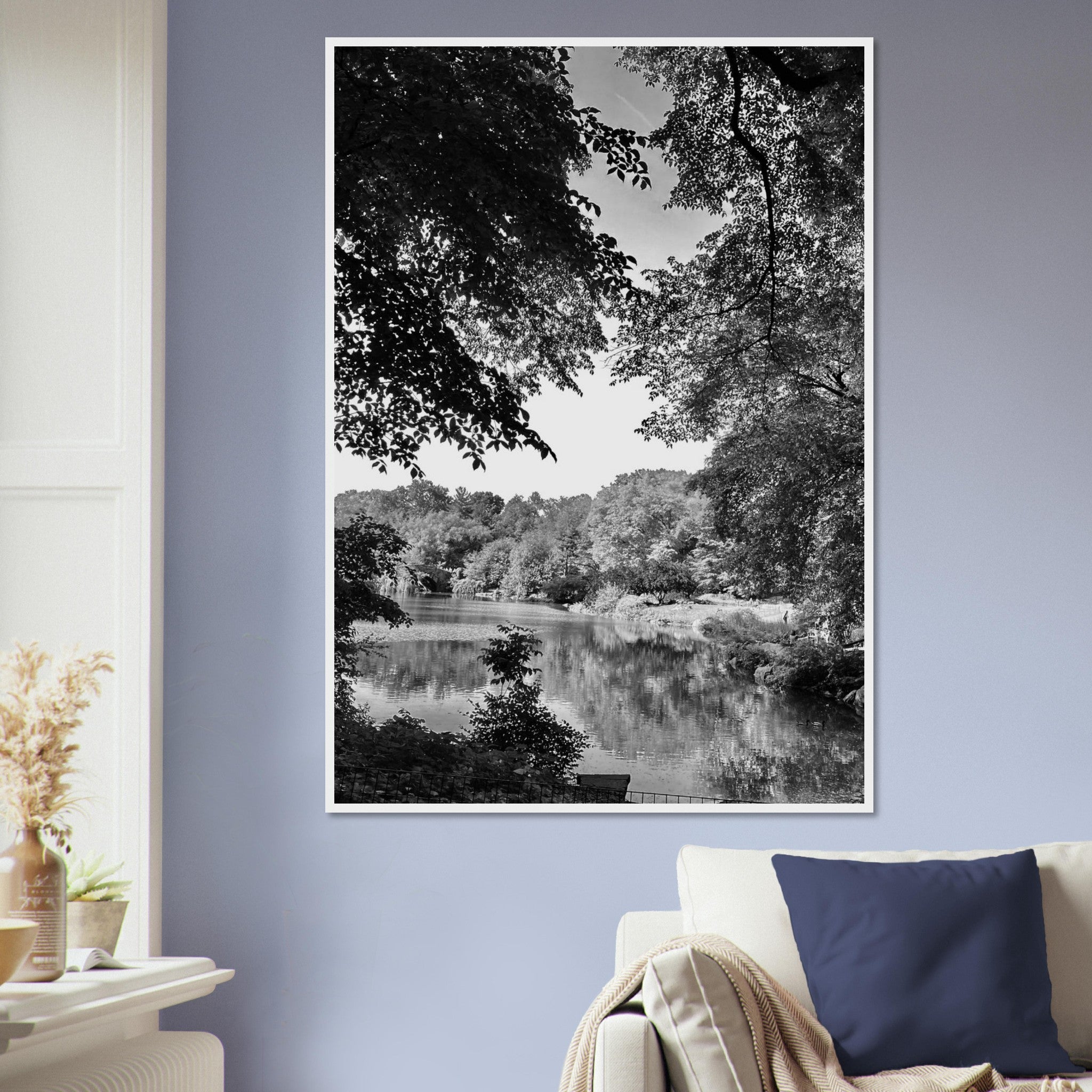 Black and white framed print of Upstate NY summer lake scene from the Travel Collection Studio Edition, perfect for home decor.