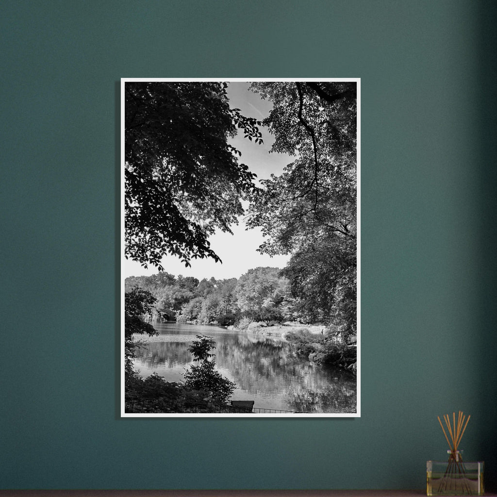 Black and white framed print of Upstate NY summer lake scene from My Store's travel collection, studio edition, holiday series.