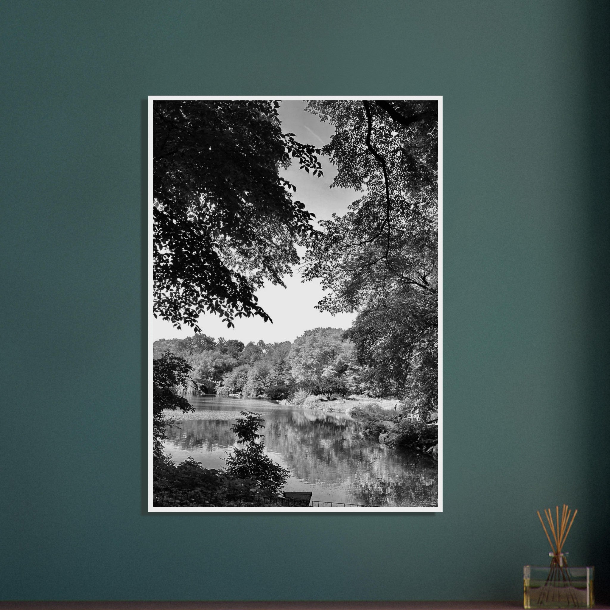 Black and white framed print of Upstate NY summer lake scene from My Store's travel collection, studio edition, holiday series.