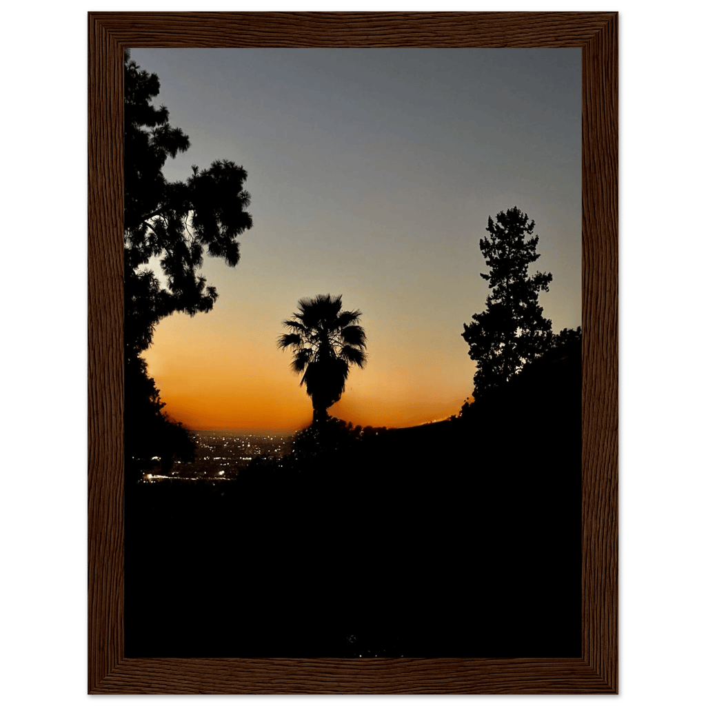 Framed print of Winter Sunset Laurel Canyon Hollywood Hills California poster art in white frame, 15x20 cm, studio edition.