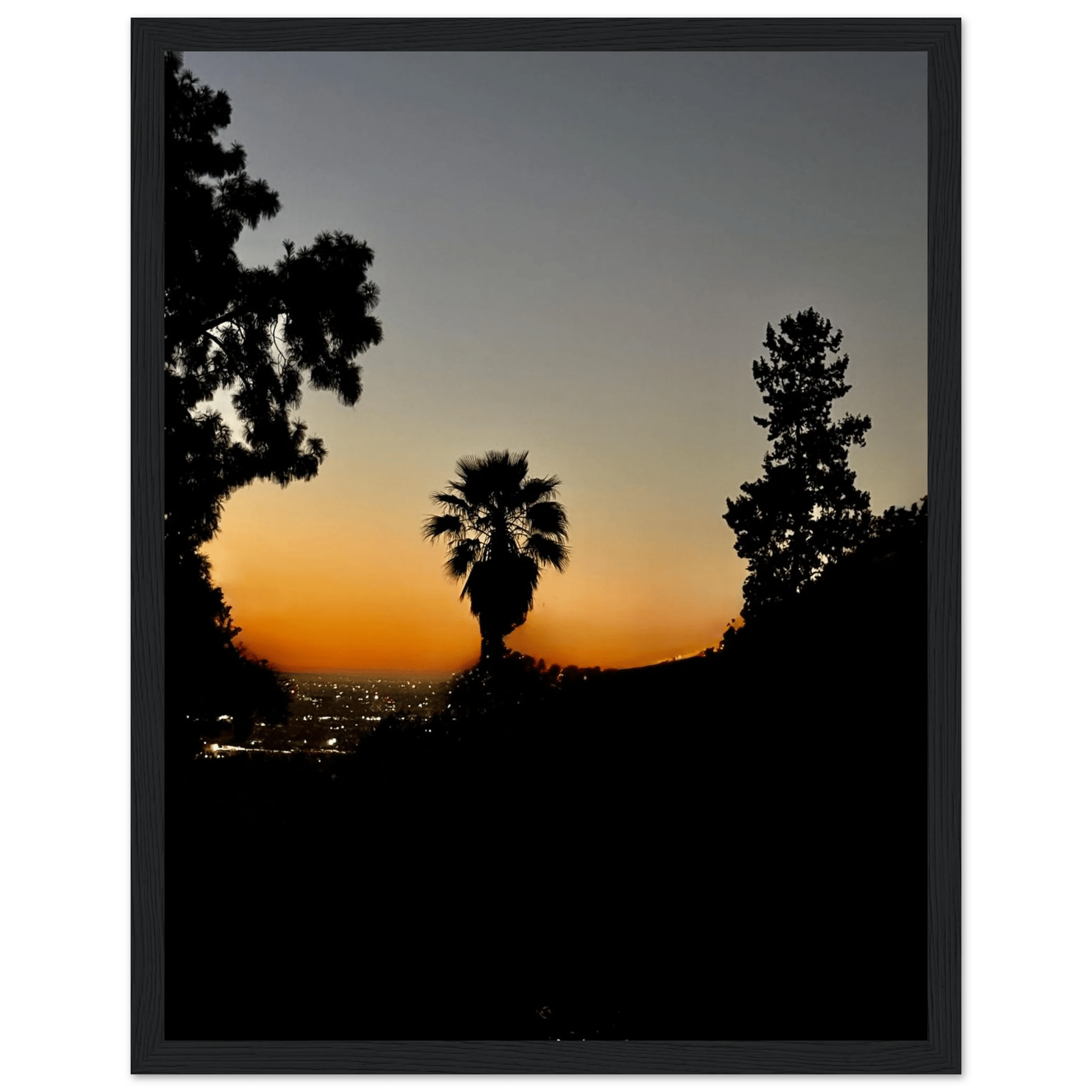 Dramatic sunset over Hollywood Hills framed poster featuring California sunset landscape and Laurel Canyon artwork.