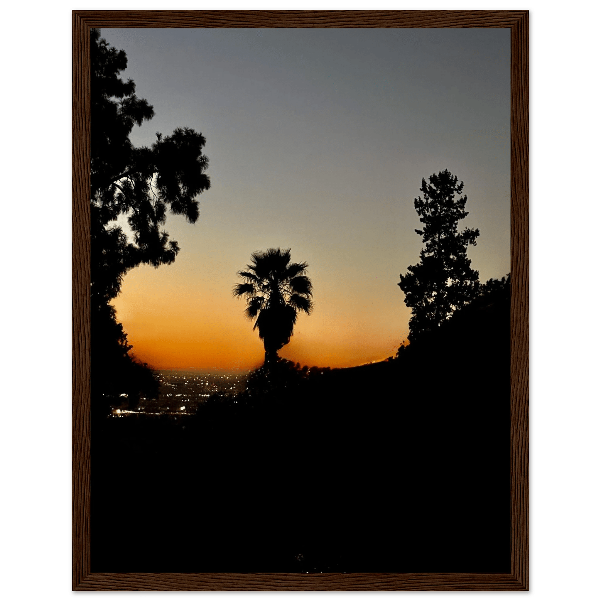 Dramatic sunset over Hollywood Hills framed poster featuring California sunset and Laurel Canyon scenery, studio edition art print.