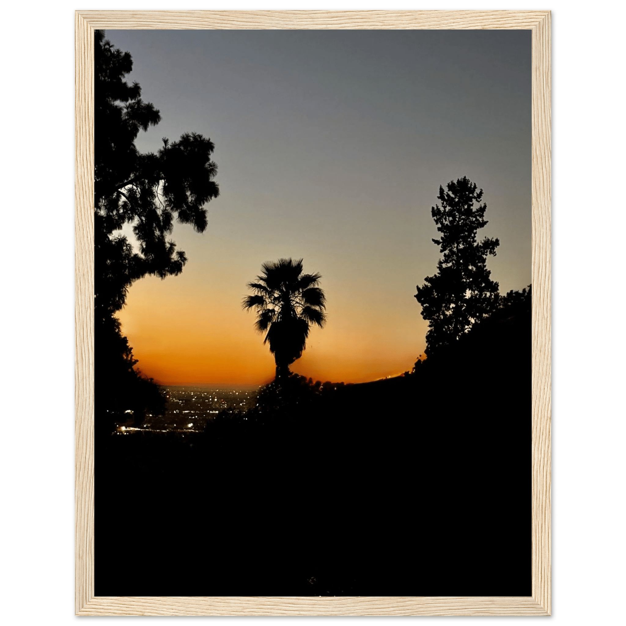 Dramatic sunset over Hollywood Hills framed poster with California sunset artwork, featuring Laurel Canyon and Hollywood Hills scenery.