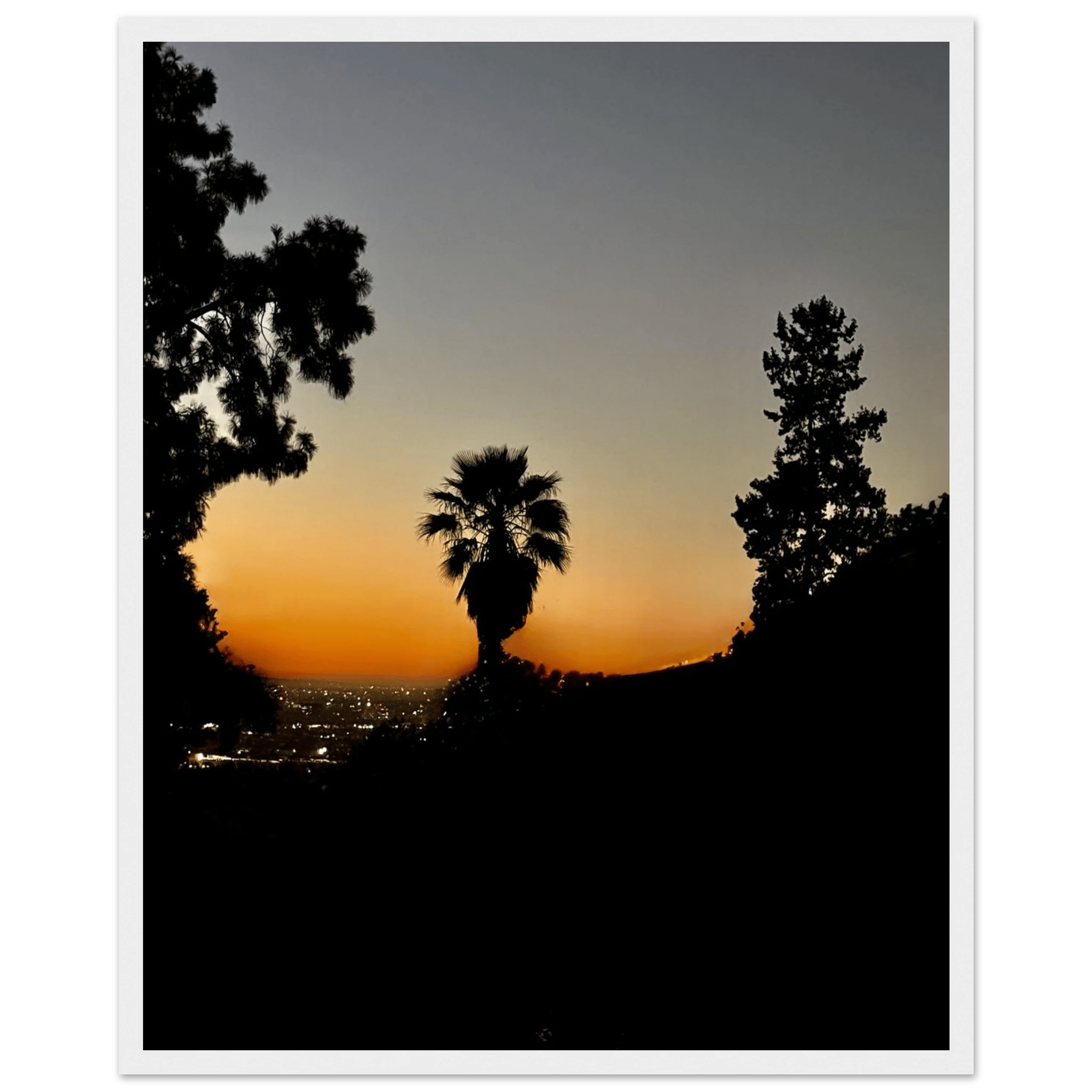 Dramatic sunset over Hollywood Hills framed poster featuring California sunset and Laurel Canyon landscape artwork.