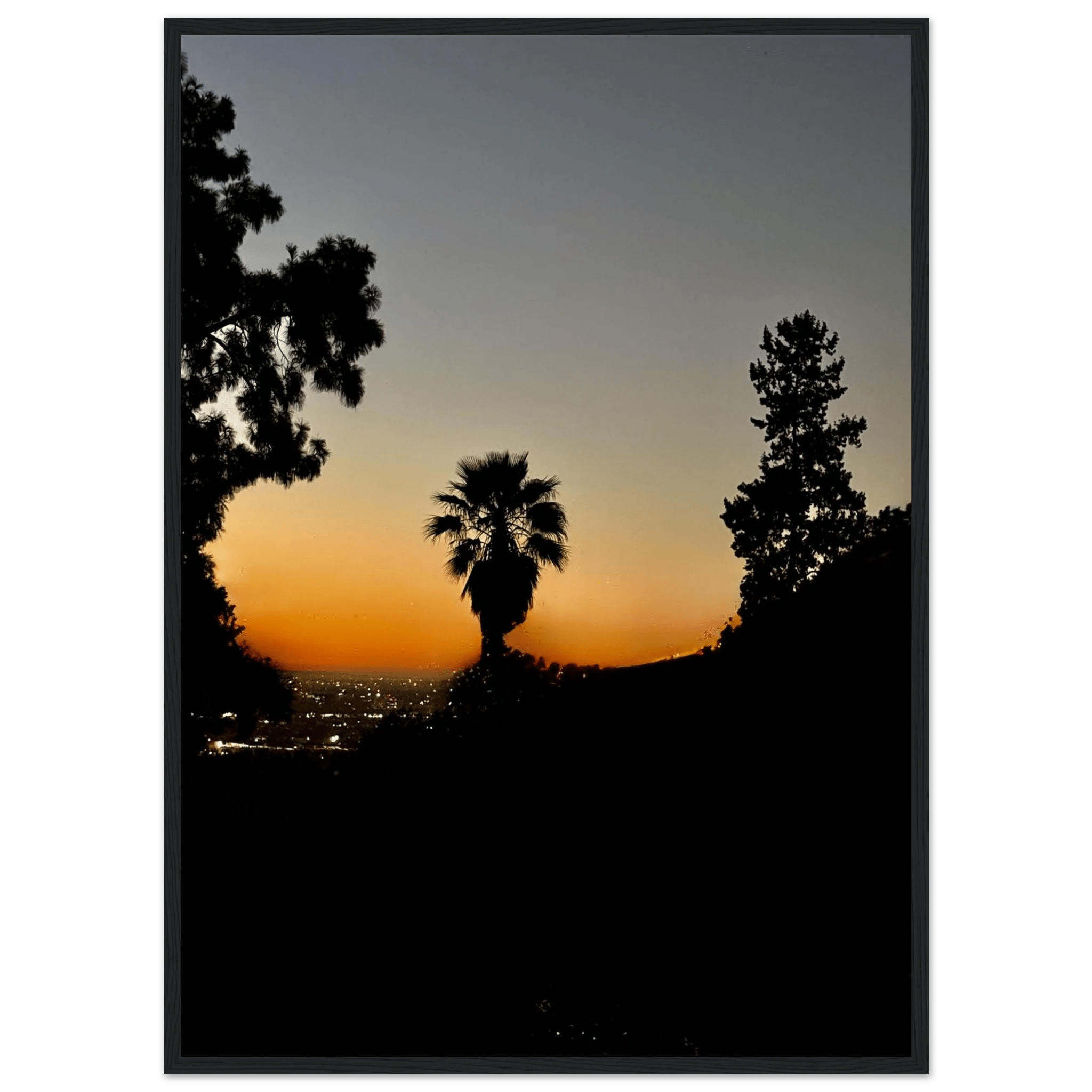 Dramatic sunset over Hollywood Hills framed poster, showcasing California sunset and Laurel Canyon scenery in vibrant colors.