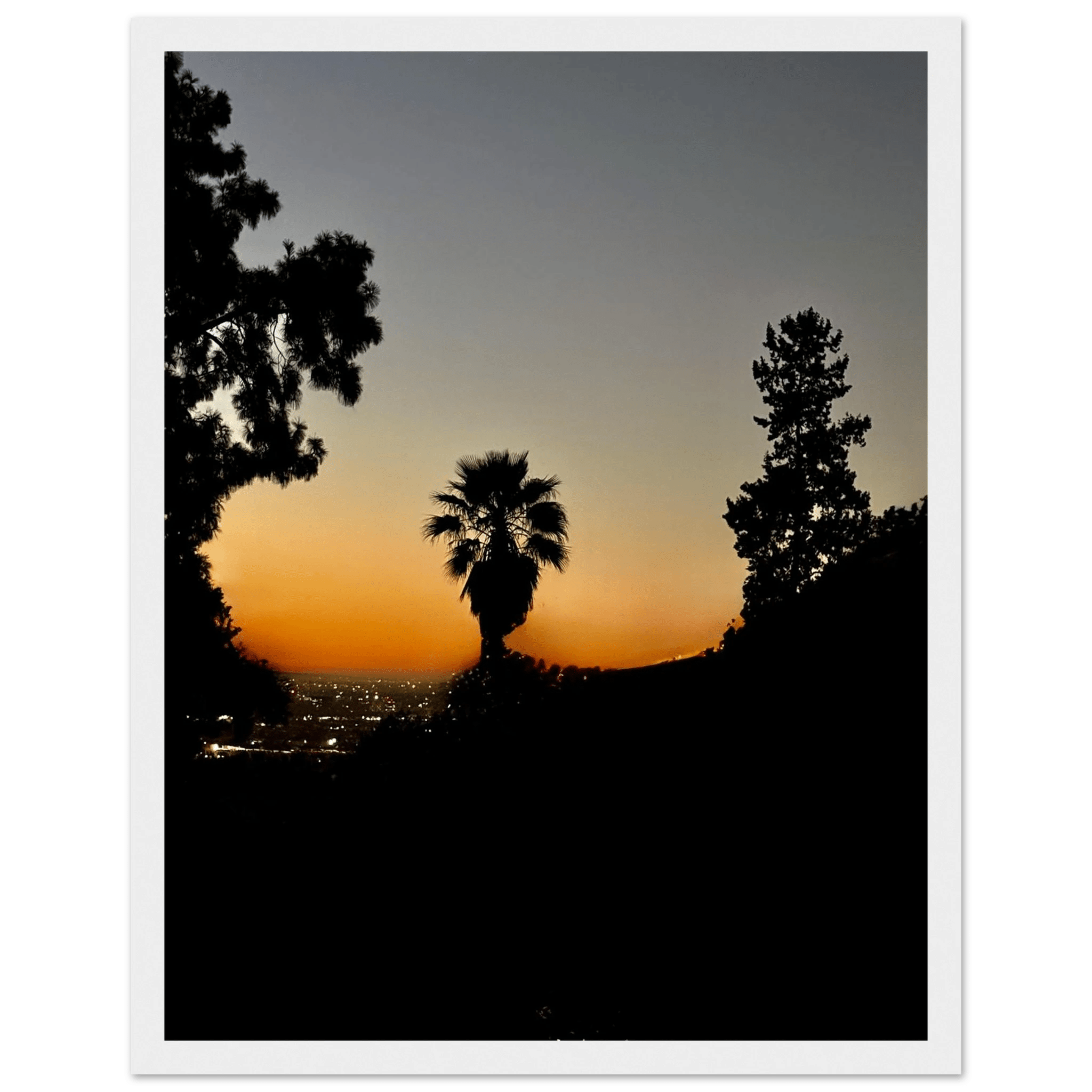 Framed Hollywood Hills sunset poster featuring California landscape art, showcasing vibrant colors and dramatic mountain scenery.