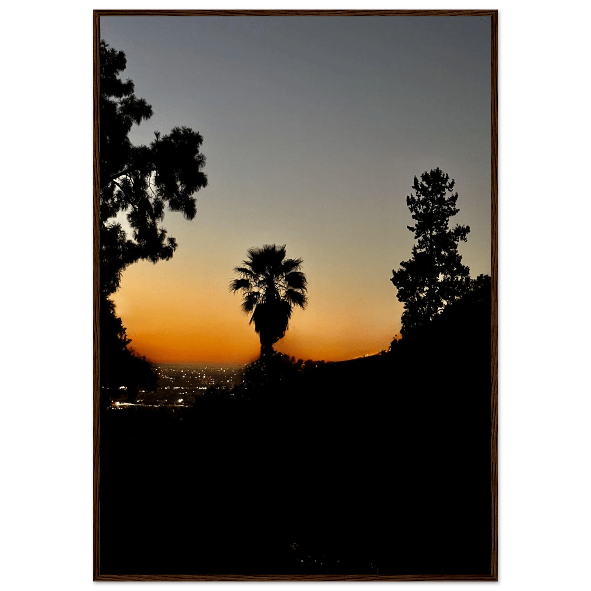 Framed Hollywood Hills Sunset poster featuring California sunset artwork, perfect for wall decor with vibrant sunset colors.