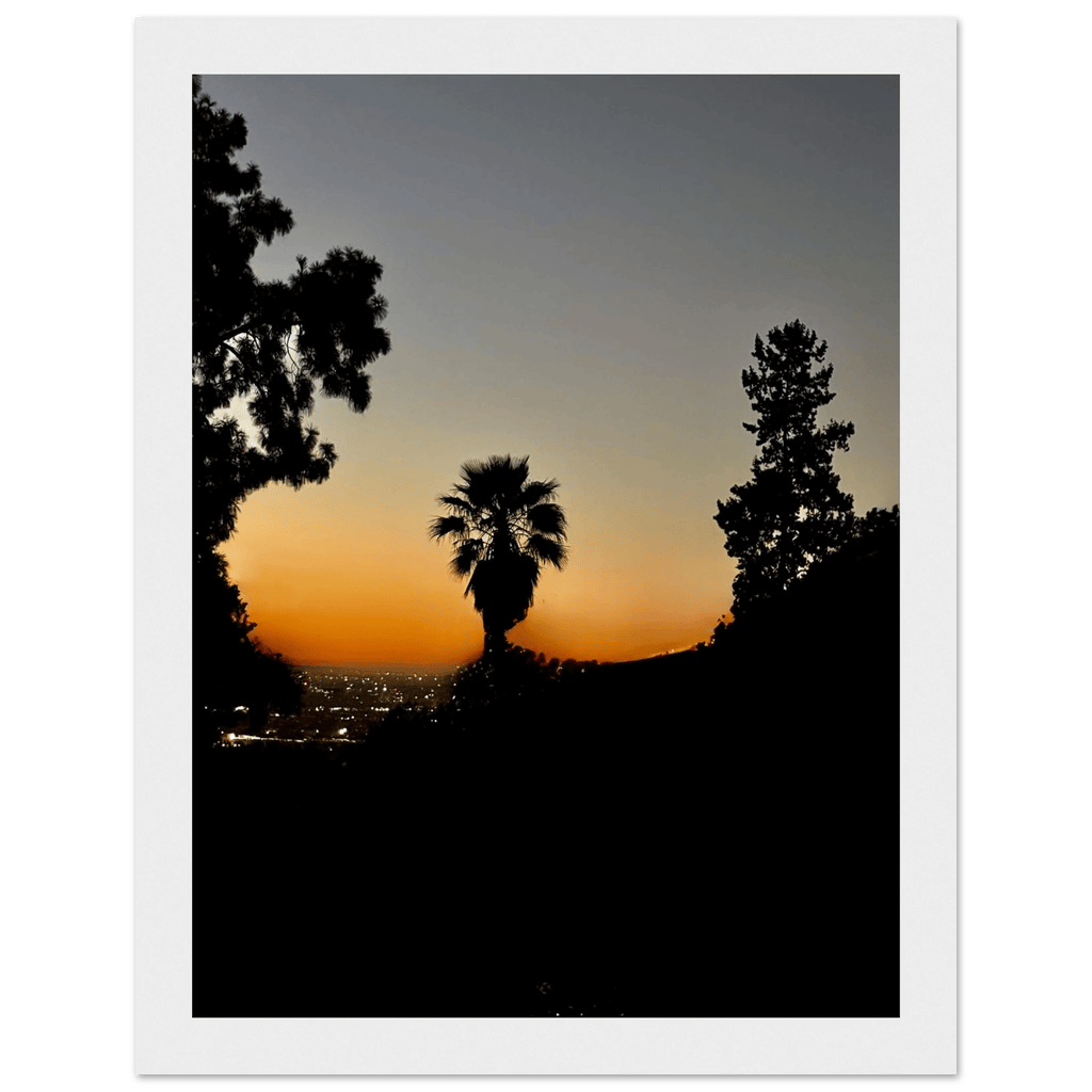 Framed print of Winter Sunset Laurel Canyon Hollywood Hills California poster art in a white 15x20cm frame.