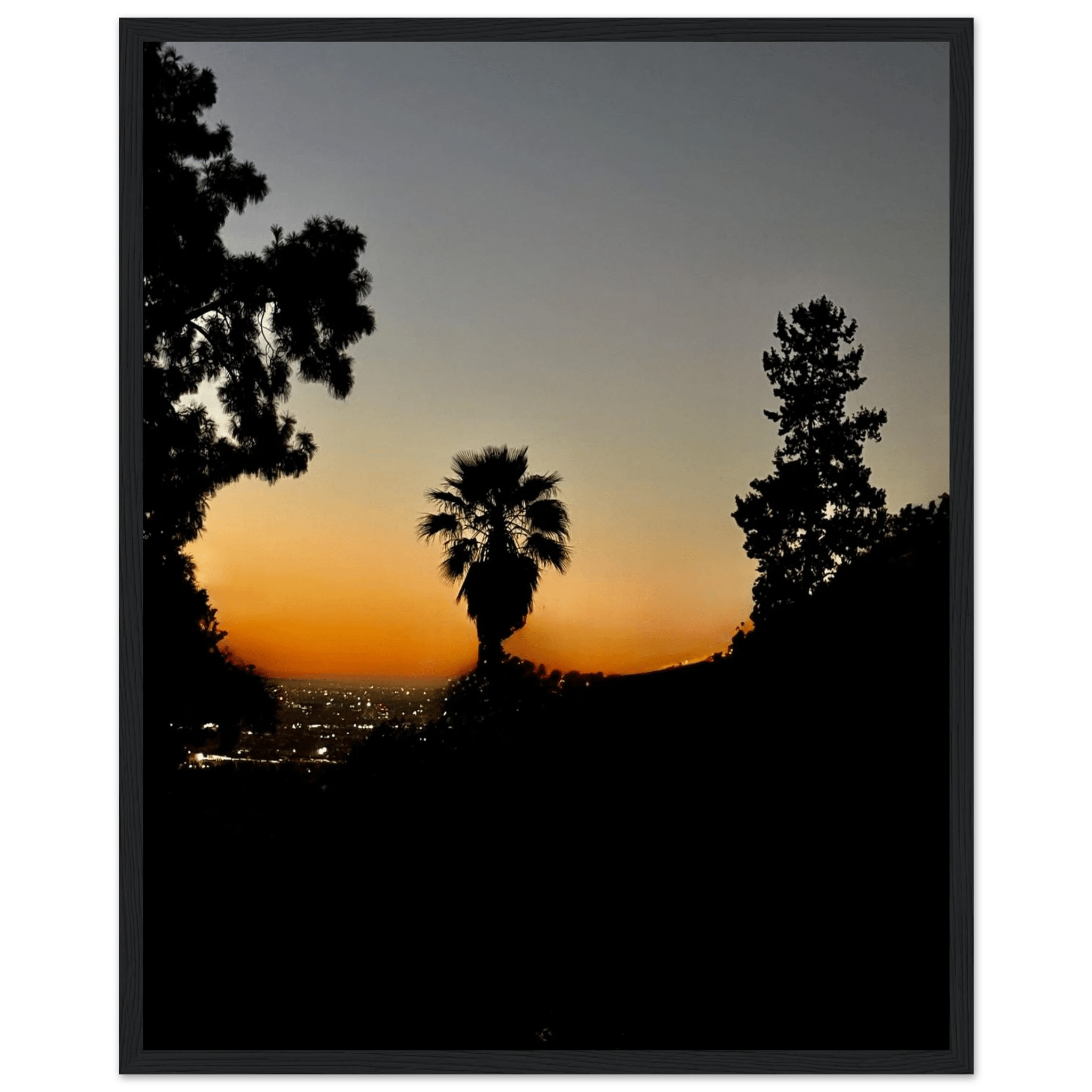 Dramatic sunset over Hollywood Hills framed poster with California sunset artwork, showcasing vibrant colors and scenic landscape.