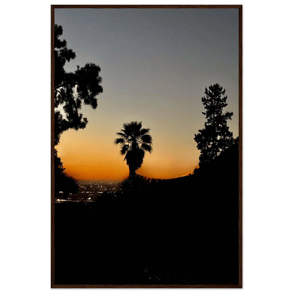 Framed print of Winter Sunset Laurel Canyon Hollywood Hills California poster art, 15x20cm with white frame, studio edition decor.