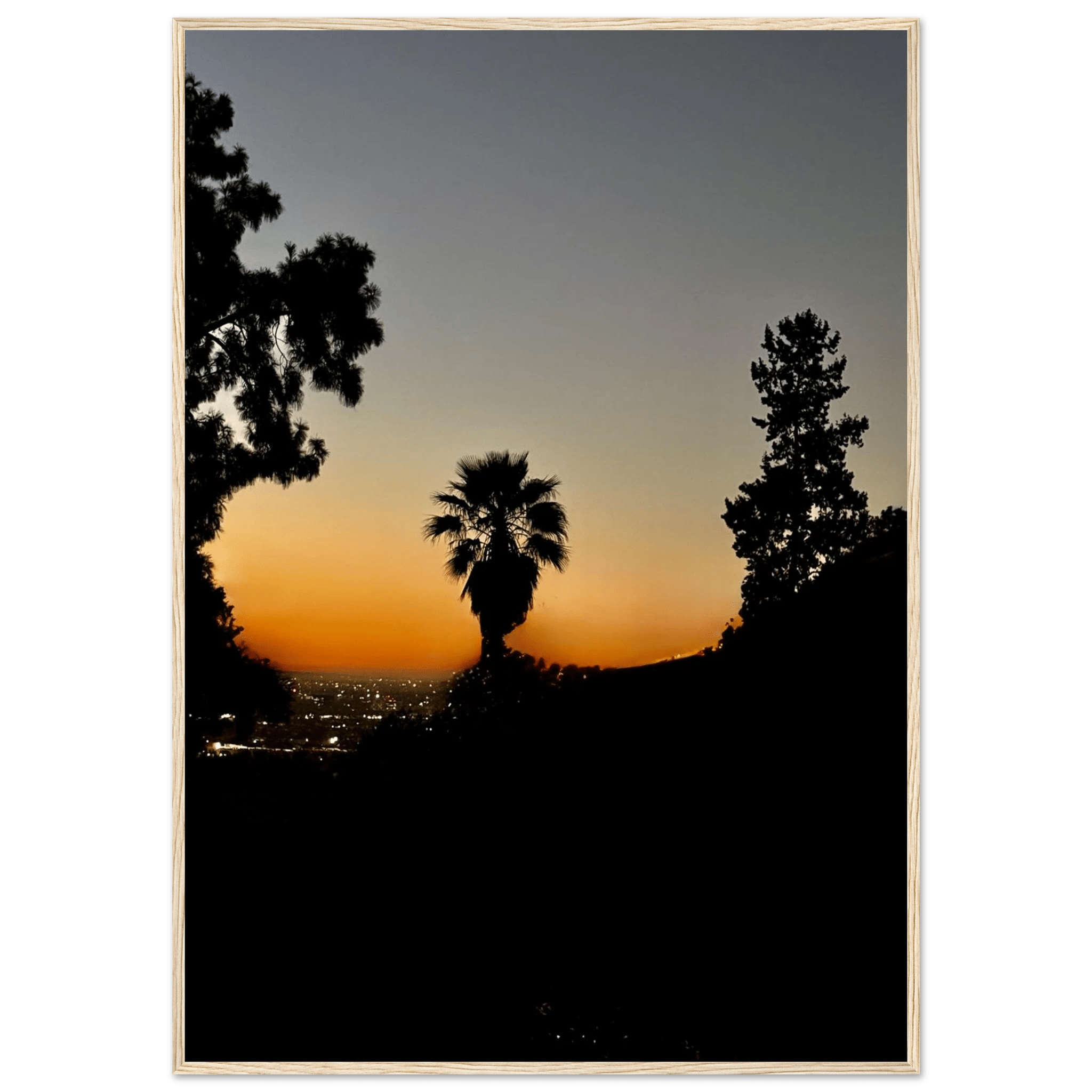 Framed Hollywood Hills Sunset poster featuring California sunset artwork, perfect for wall decor and holiday gift ideas.