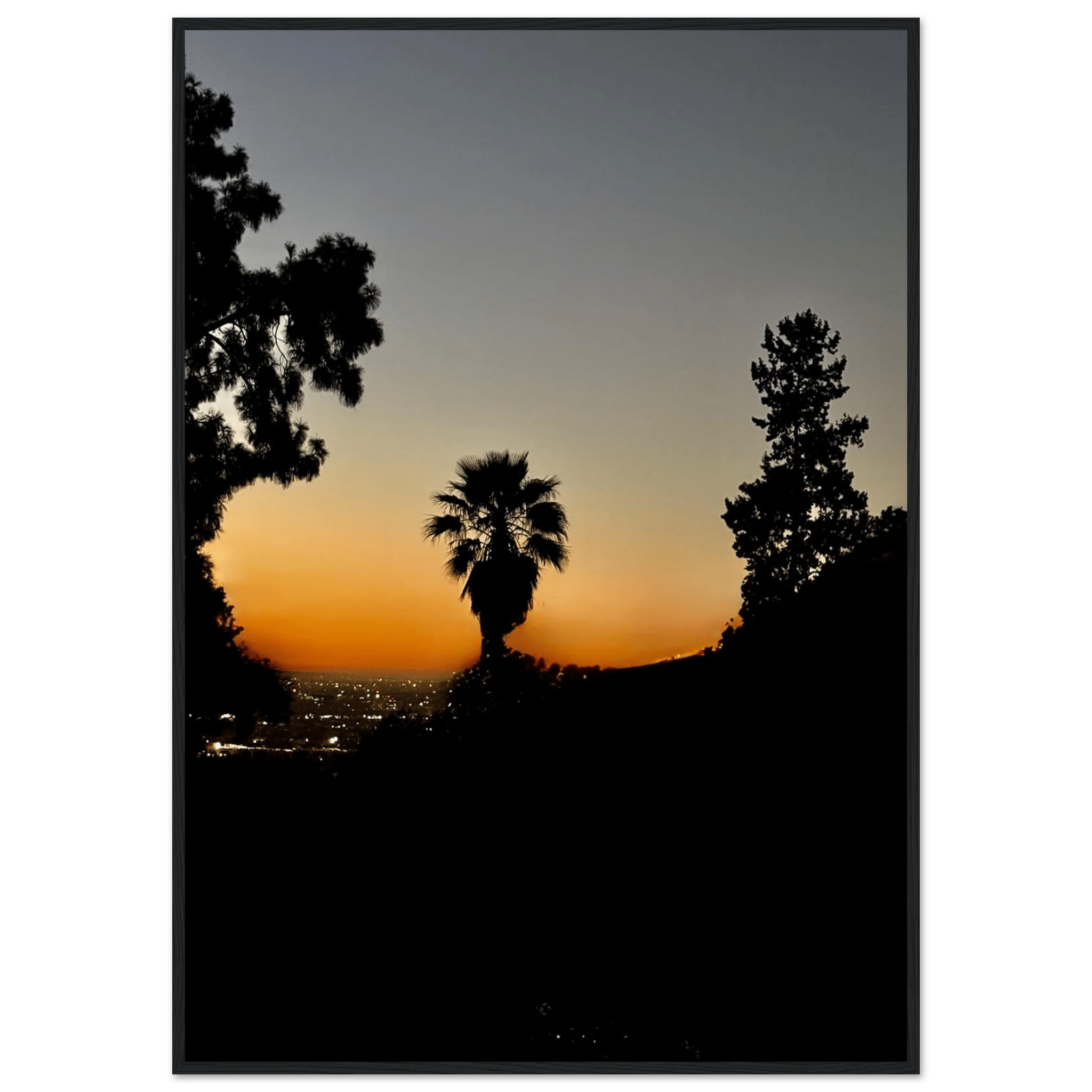 Dramatic sunset over Hollywood Hills framed poster, California landscape artwork, vibrant colors, studio edition print, holiday-themed decor