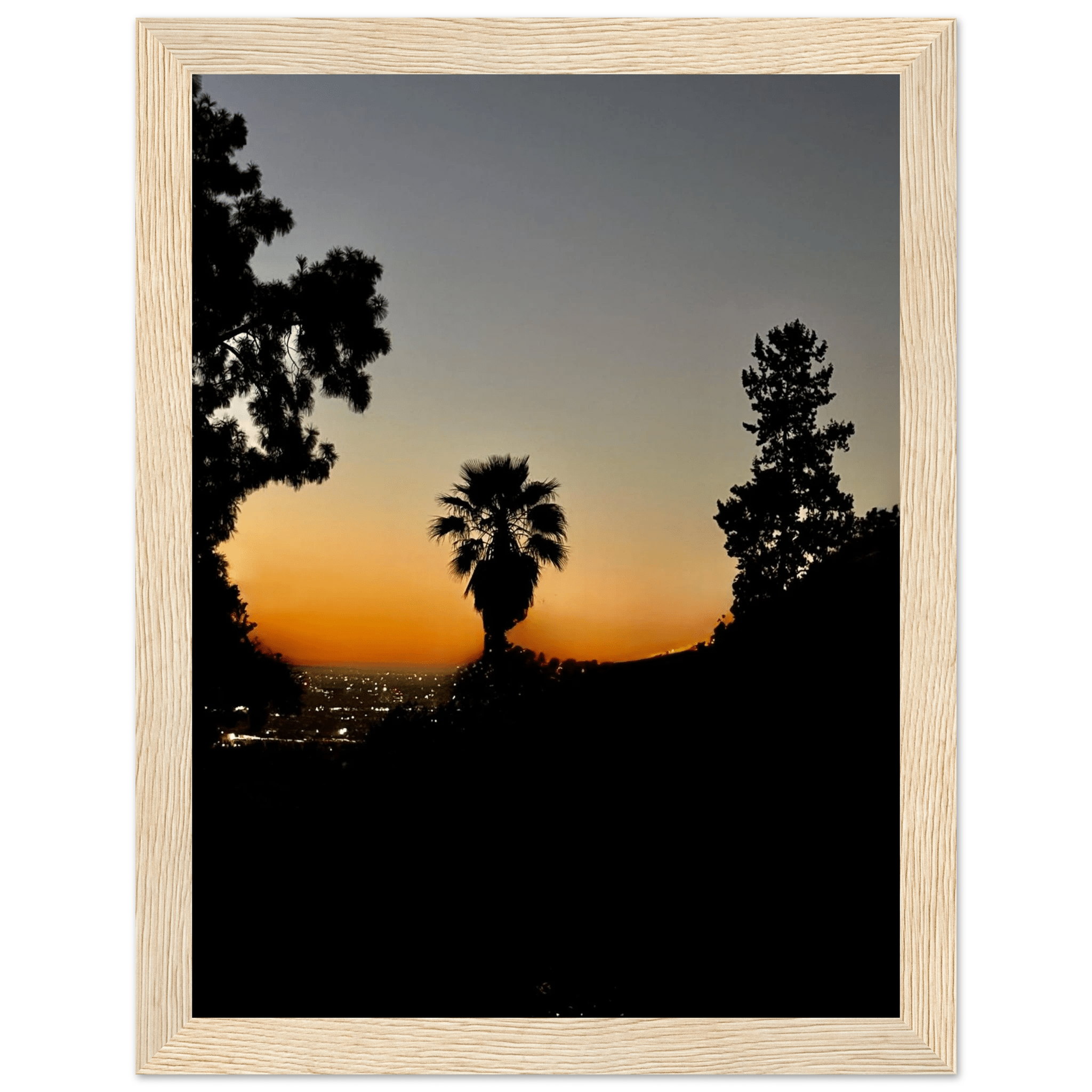 Framed Hollywood Hills sunset poster featuring California sunset artwork, vibrant colors, and scenic Laurel Canyon landscape.