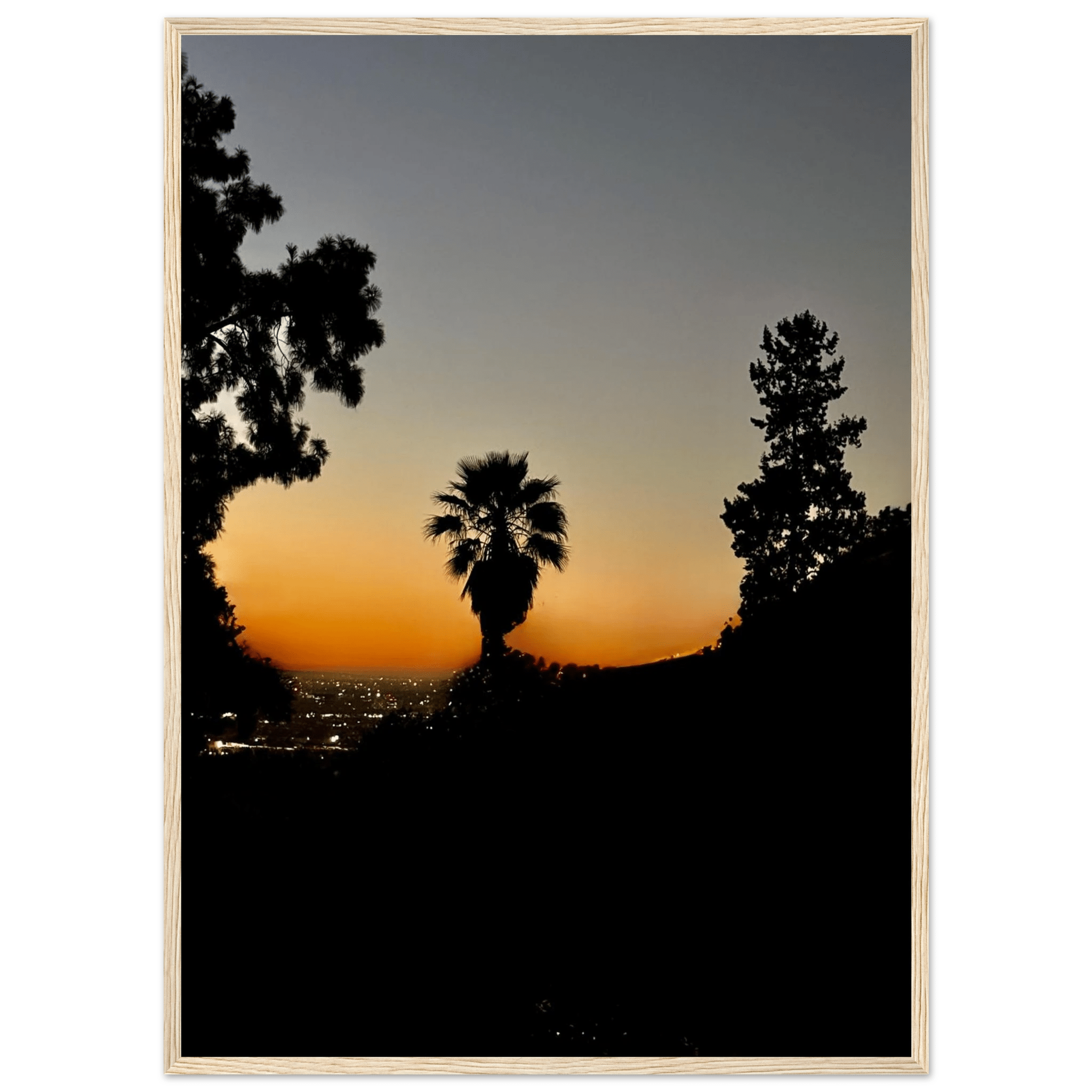 Dramatic sunset over Hollywood Hills framed poster with California vibes, featuring Laurel Canyon scenery and colorful sky artwork.