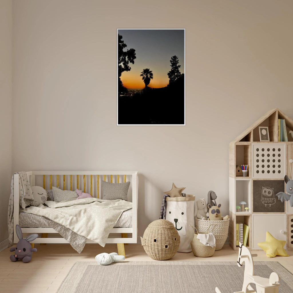 Framed print of a Winter Sunset in Laurel Canyon and Hollywood Hills, California poster art on white 15x20cm frame.