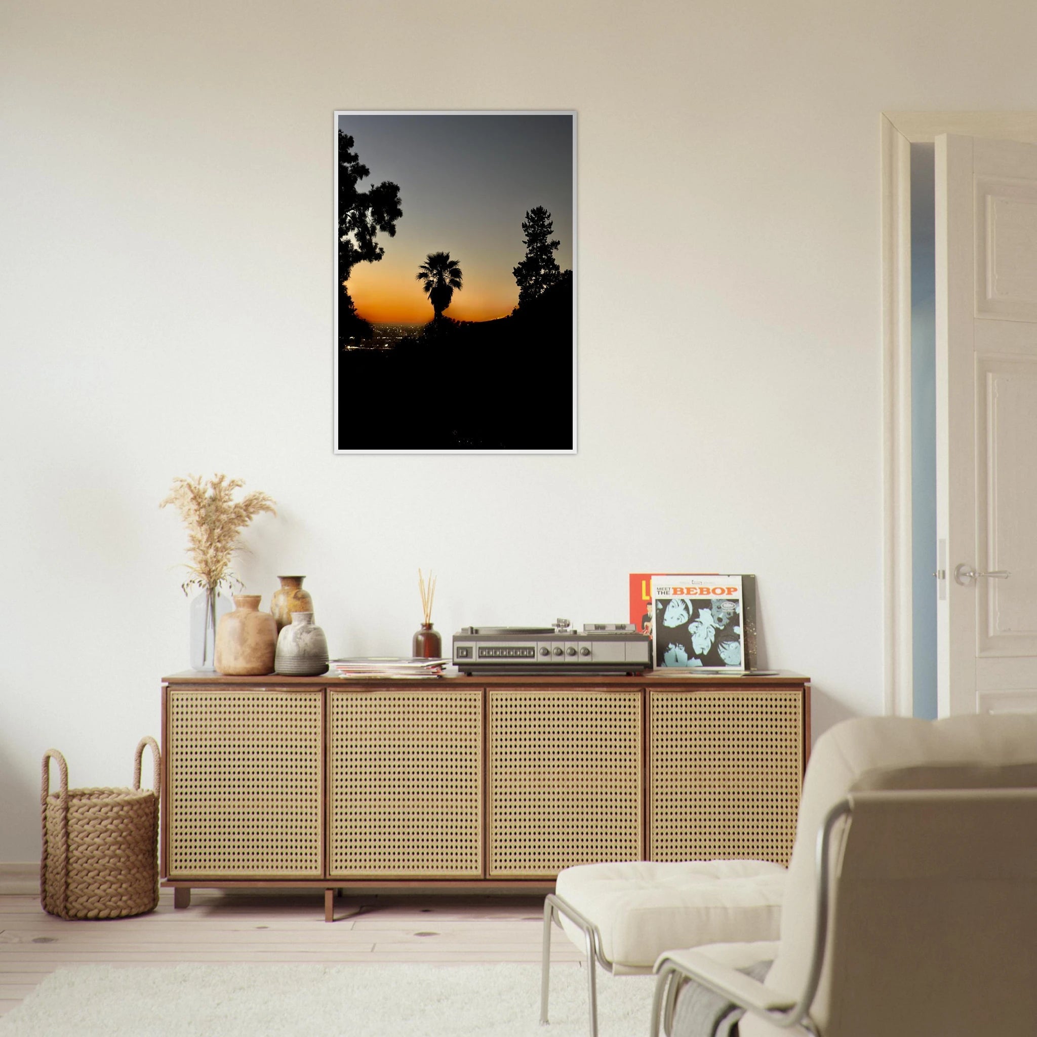 Framed print of a winter sunset over Laurel Canyon and Hollywood Hills, California poster art in a white 15x20 cm frame.