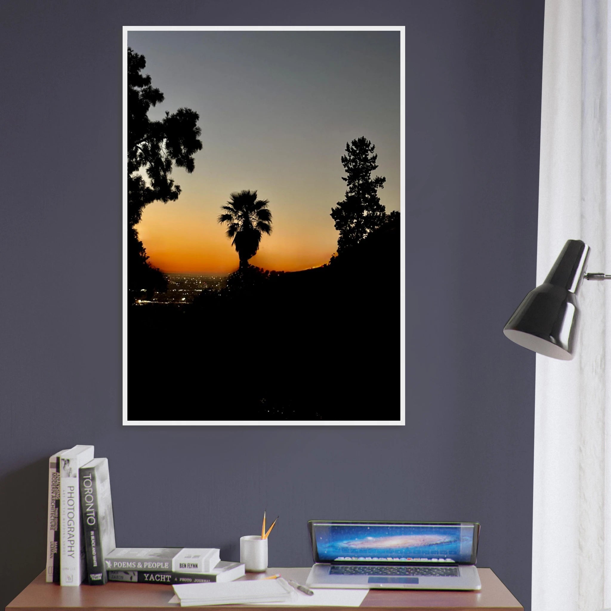 Framed print of a Winter Sunset Laurel Canyon Hollywood Hills California poster art, 15x20 cm with white frame, studio edition.
