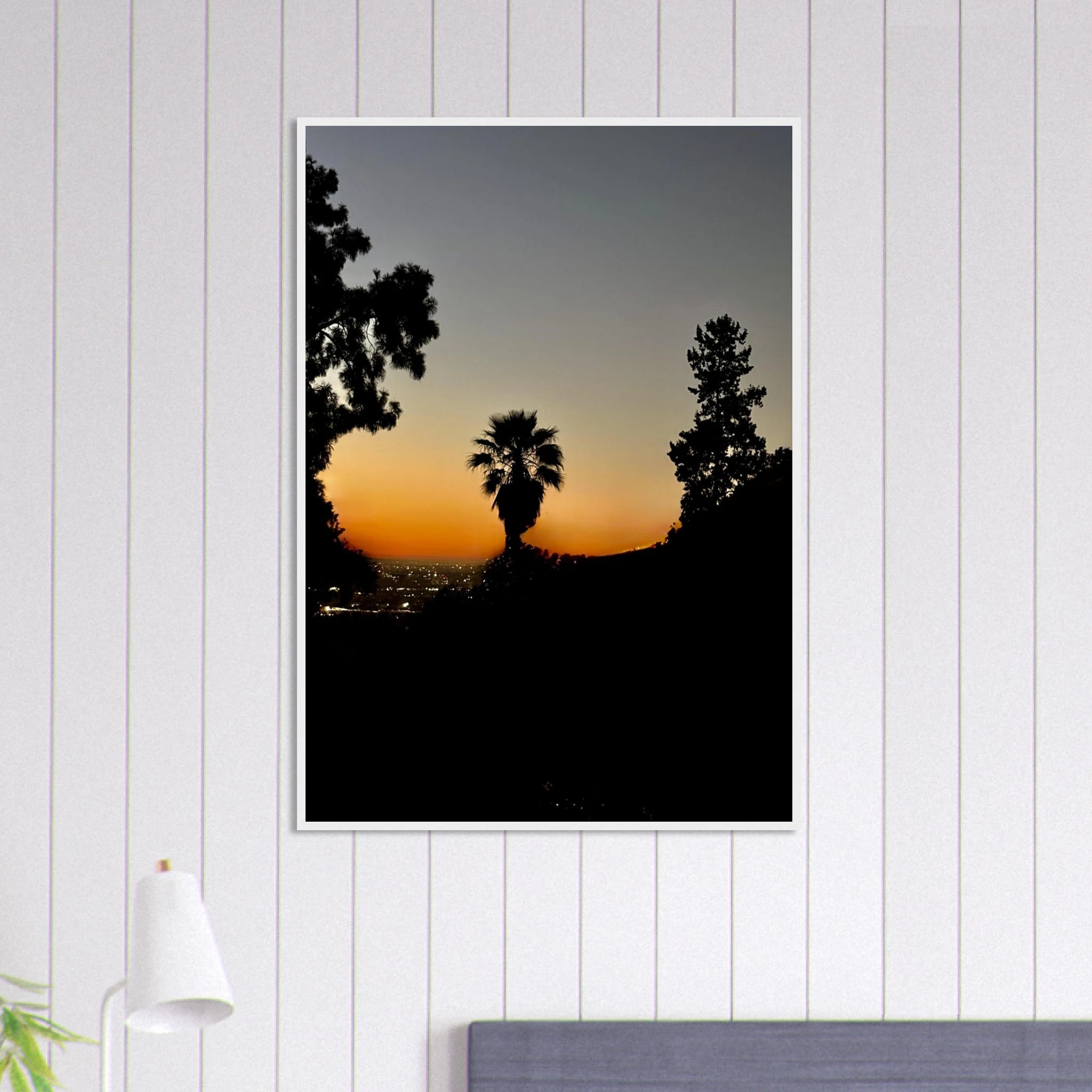 Framed print of a winter sunset over Laurel Canyon and Hollywood Hills, California poster art on white 15x20 cm frame.