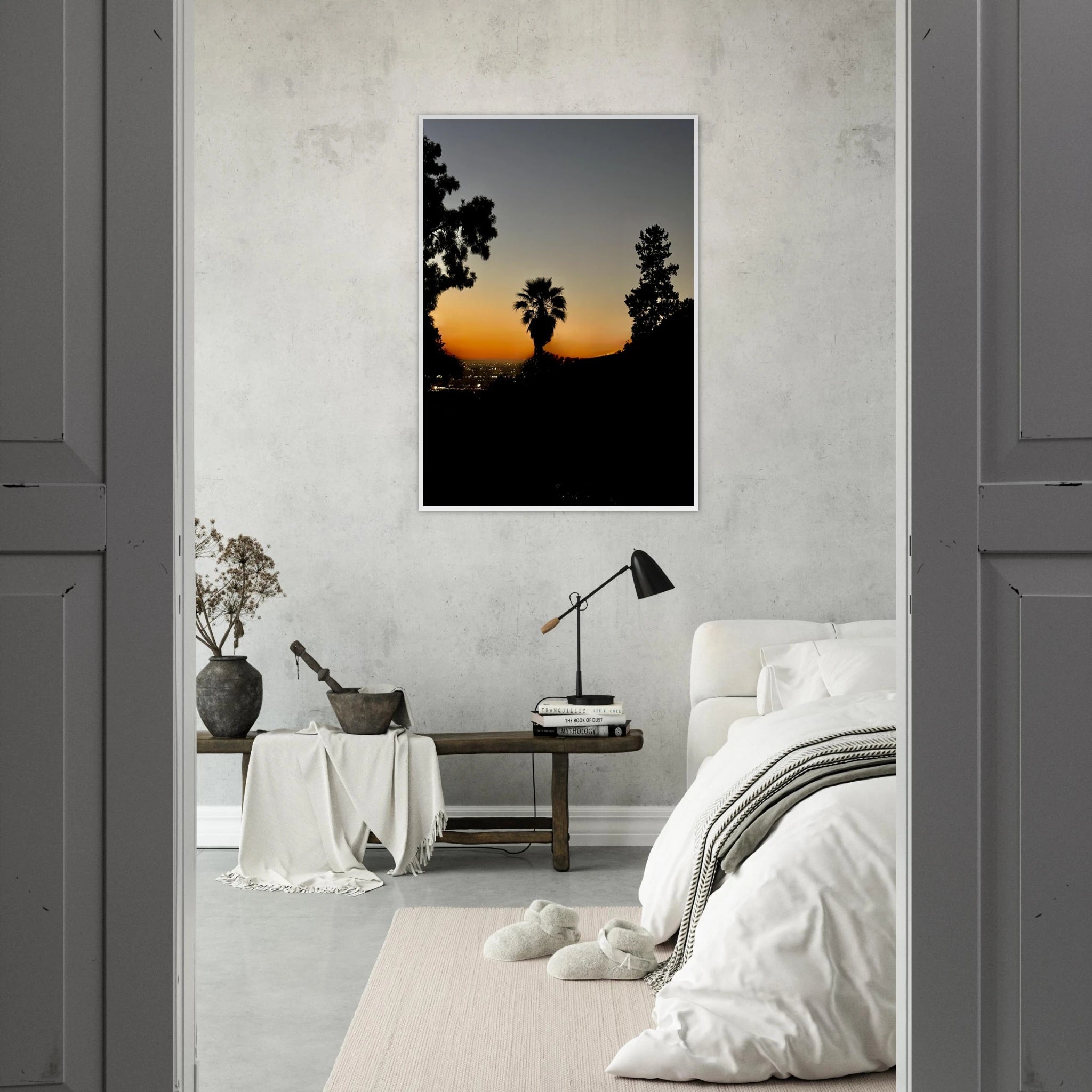 Framed print of a winter sunset over Laurel Canyon and Hollywood Hills, California poster art in a white 15x20cm frame.